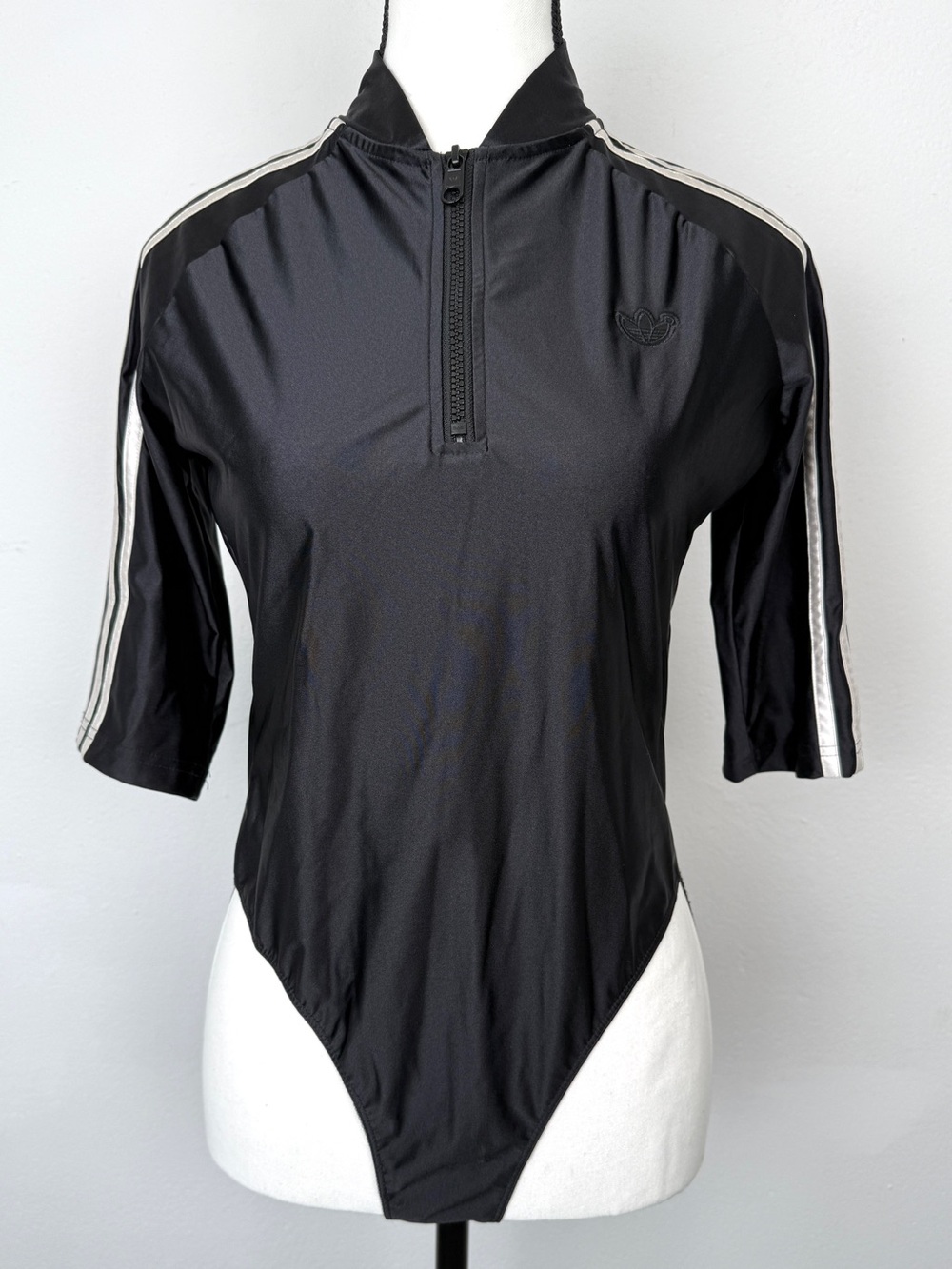 Adidas Originals Size M Mock Neck Half Zip 3 Stripe Trefoil Black Bodysuit